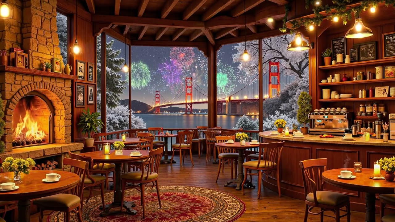 Relaxing New Year Jazz 🎉 Cozy Winter Coffee Shop Ambience with Crackling Fireplace for Calm & Focus
