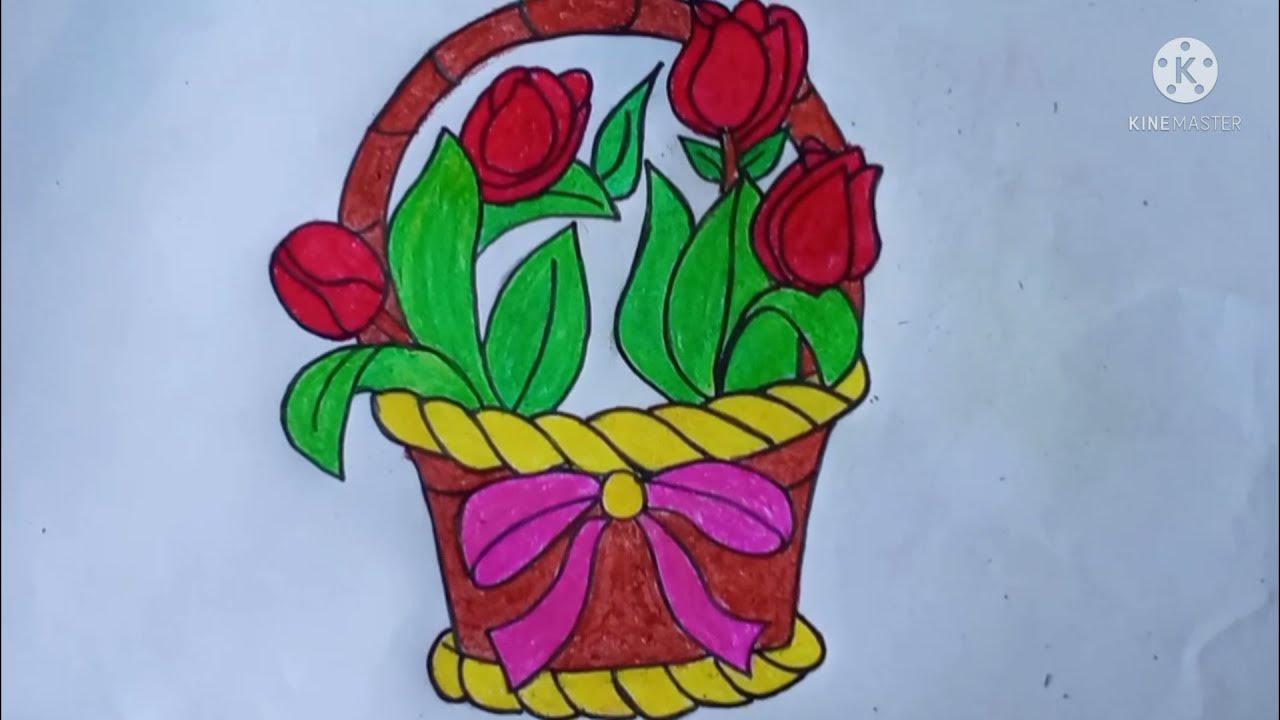 How to draw a flower basket step by step/very easy drawing/Waziha art