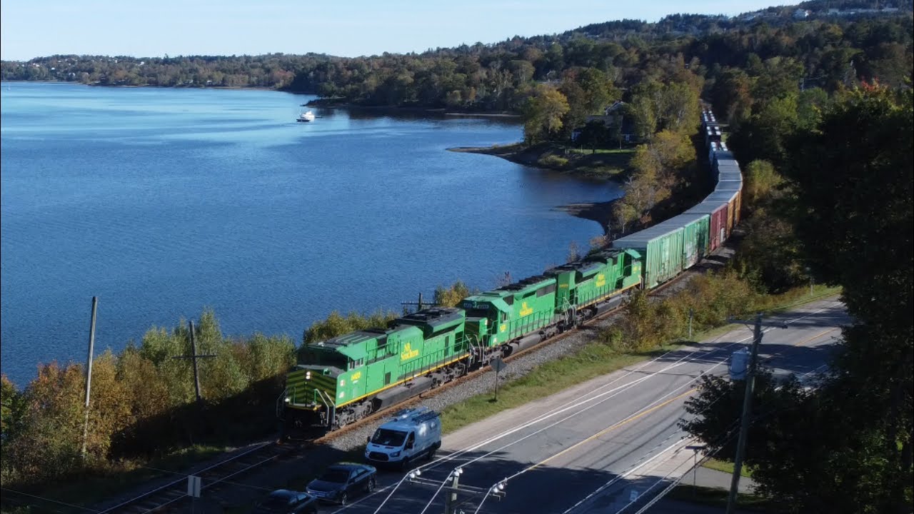 Nice Aerial 4K View! All Green Power Long NBSR Train 907 w/Containers