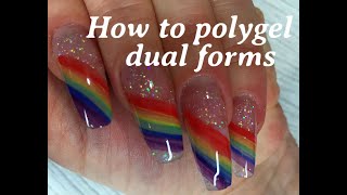 Polygel nails with dual forms and rainbow