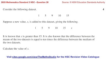 2020 Maths Standard 2 HSC Q28 Find value of unknown score given relationship between mean & median