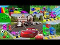 Four Trucks Transporting cars with Flatbed Trailers | Cars vs Speedbump vs Train vs Pothole #000