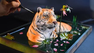Diorama  Tiger and firefly in the pond /polymer clay/sculpting/epoxy resin