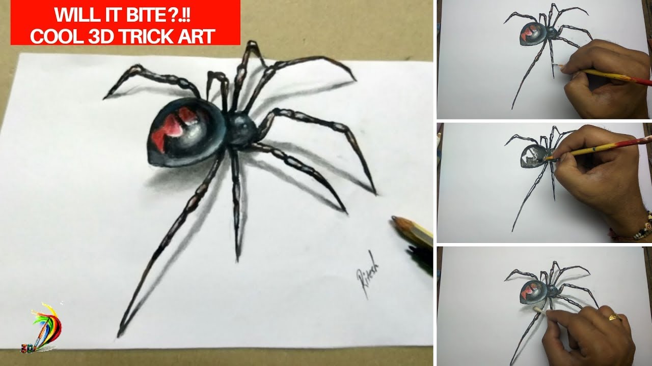 3d spider drawing | 3D Drawing For Kids Step By Step | How to draw 3d ...