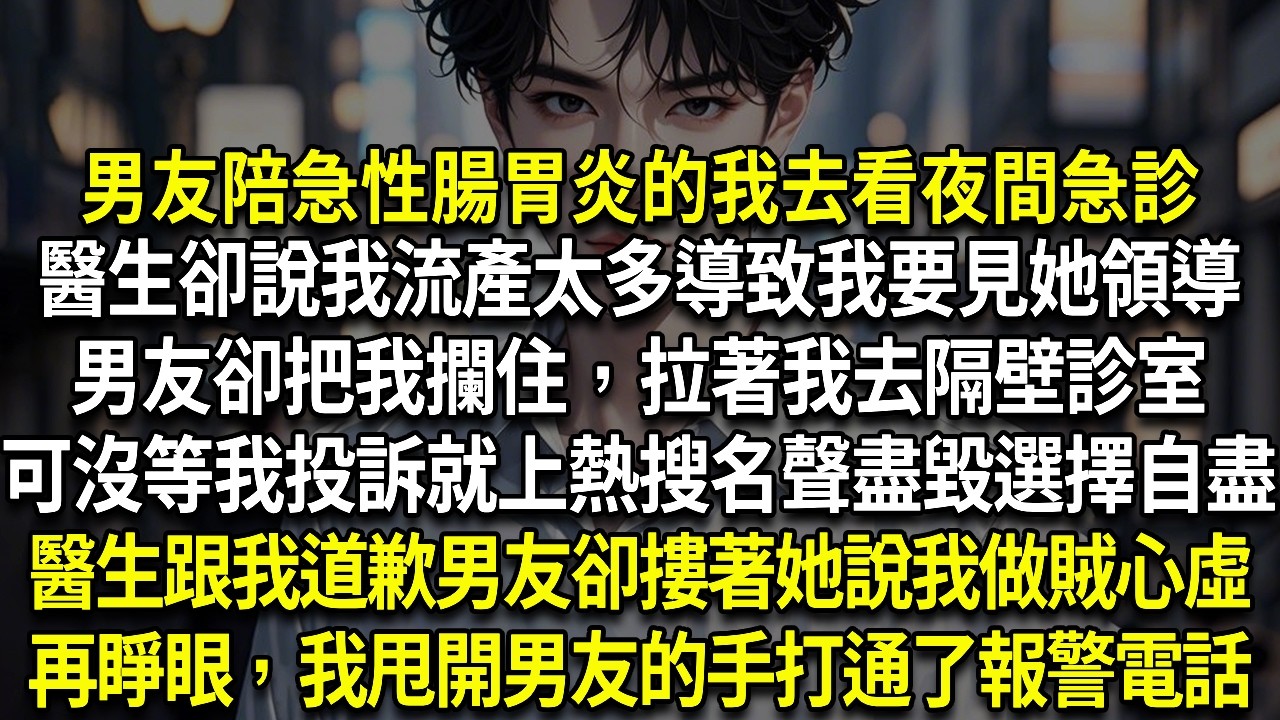 男友陪腸胃炎的我去看夜間急診醫生卻說我流產太多導致我要見她領導男友卻把我攔住，拉我去隔壁診室可沒等我投訴就上熱搜名聲盡毀選擇自盡醫生跟我道歉男友卻摟著她說我做賊心虛再睜眼，我甩開男友的手打通了報警電話