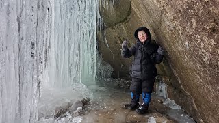 Winter Camping Under Frozen Waterfall in Survival Shelter Hot Tent - Winter Backpacking \& Hiking