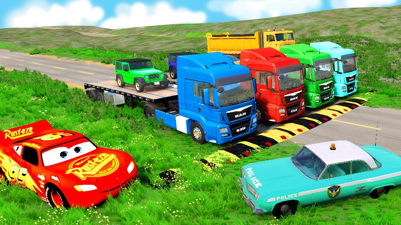 Flatbed Truck McQueen | Перевозка на грузовике — Выбоина против машины №22 | Геймплей BeamNG.Drive