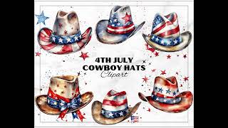 4th July American Cowboy Hats, Watercolor Clipart for T-Shirt Design, Wall Art, Invitation
