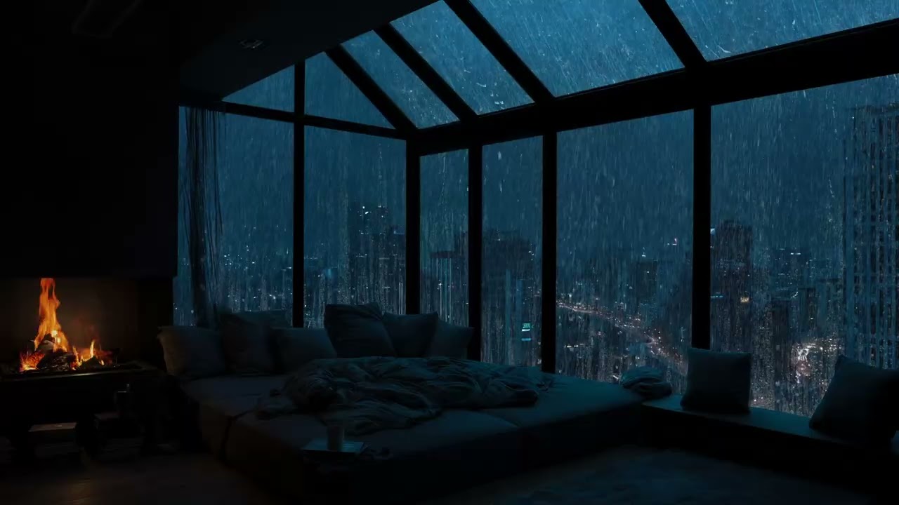 Calm Urban Rain Ambience 🌧️ Warm Fireplace Sounds for Peaceful Sleep & Meditation