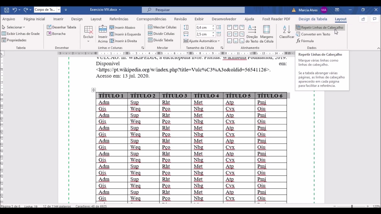 Dicas Como repetir linhas de cabeçalho de tabelas no Word YouTube