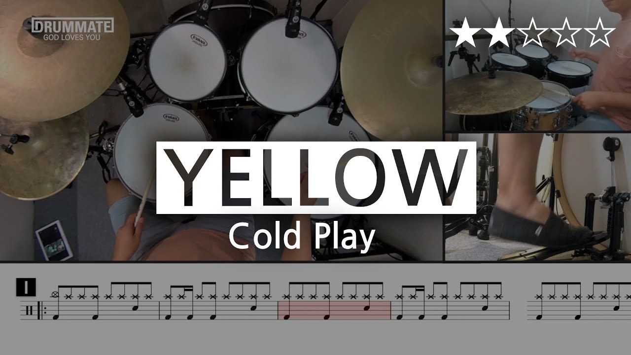 Download 010 | Yellow - Cold Play  (★★☆☆☆) | Drum Cover, Score, Sheet Music, Lessons, Tutorial | DRUMMATE