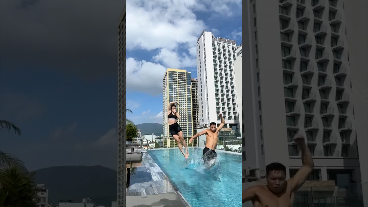 Can we spell LOVE while jumping into a pool? Pls rate our performance.
