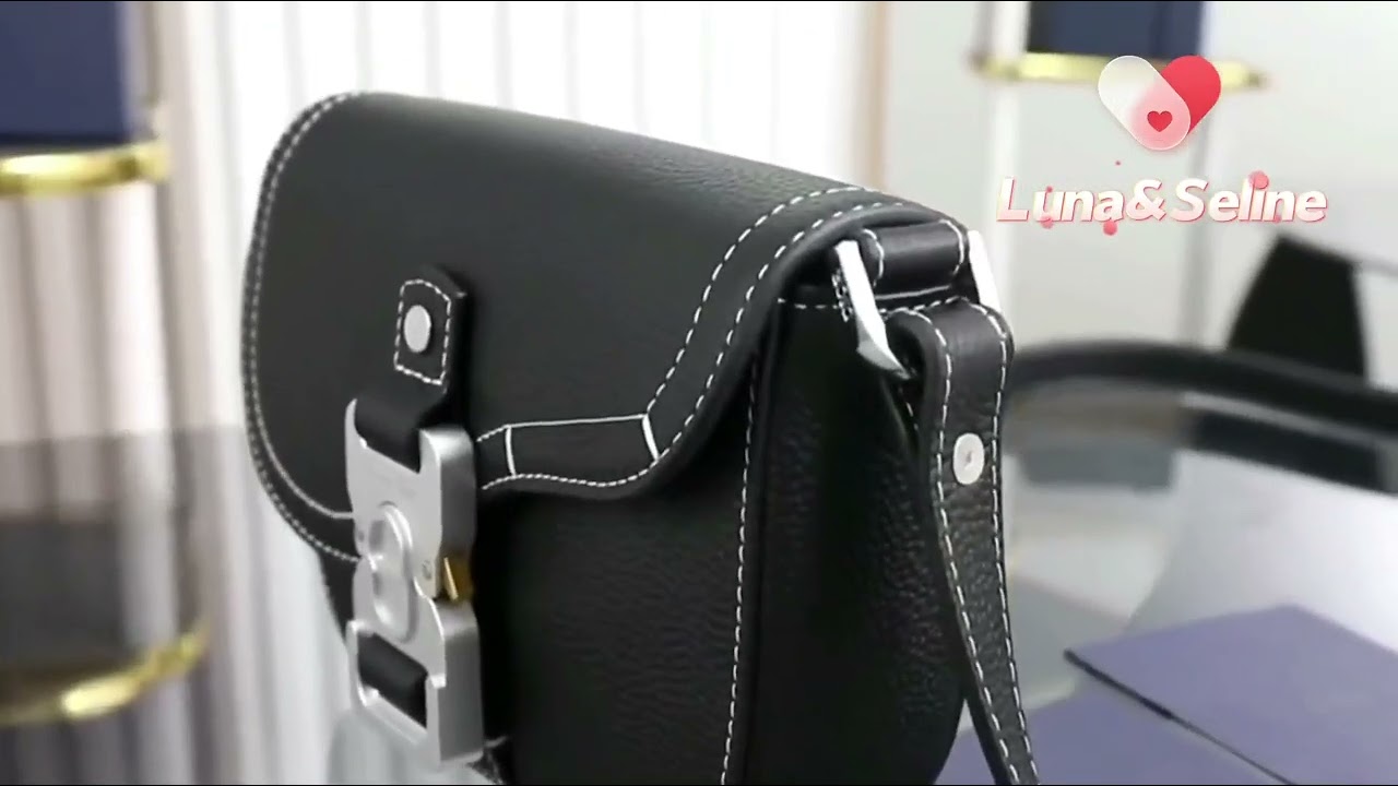 SADDLE POUCH WITH STRAP Beige and Black Dio r Oblique Jacquard and Black Grained Calfskin