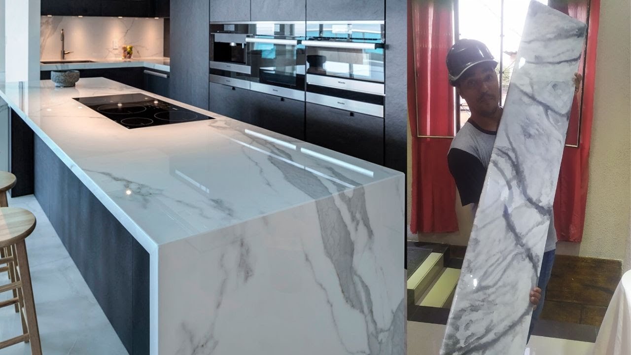 porcelanato liquido branco de carrara em bancada de granito pia, chão ,  mesa de mdf, image size:1280x720