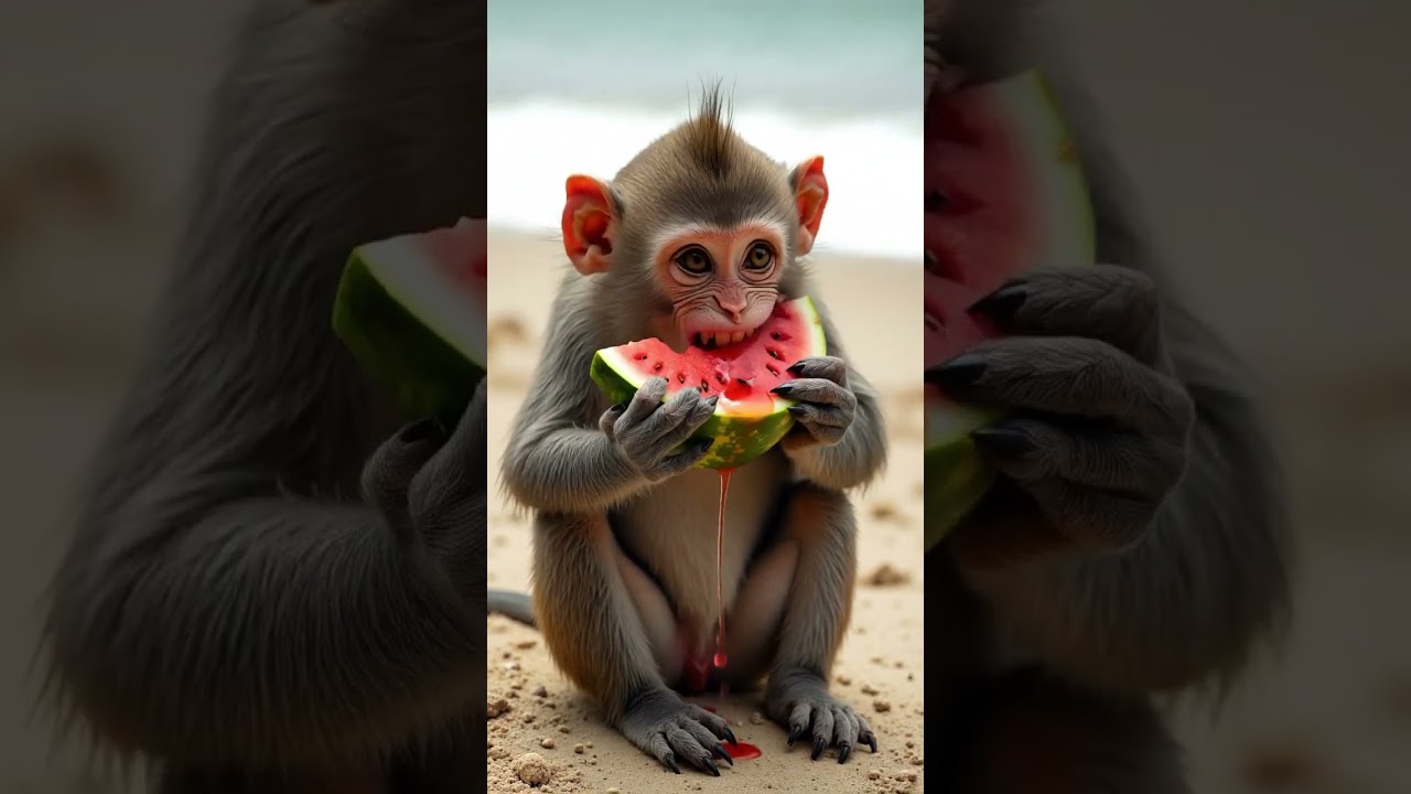 🇺🇸🐵 Monkey Loves Watermelon! 🍉😂 Cutest Beach Snack Ever