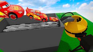 Lightning McQueen's Cars Falling From Shredder Factory Into The Concrete Mixer Via Saw | Teardown
