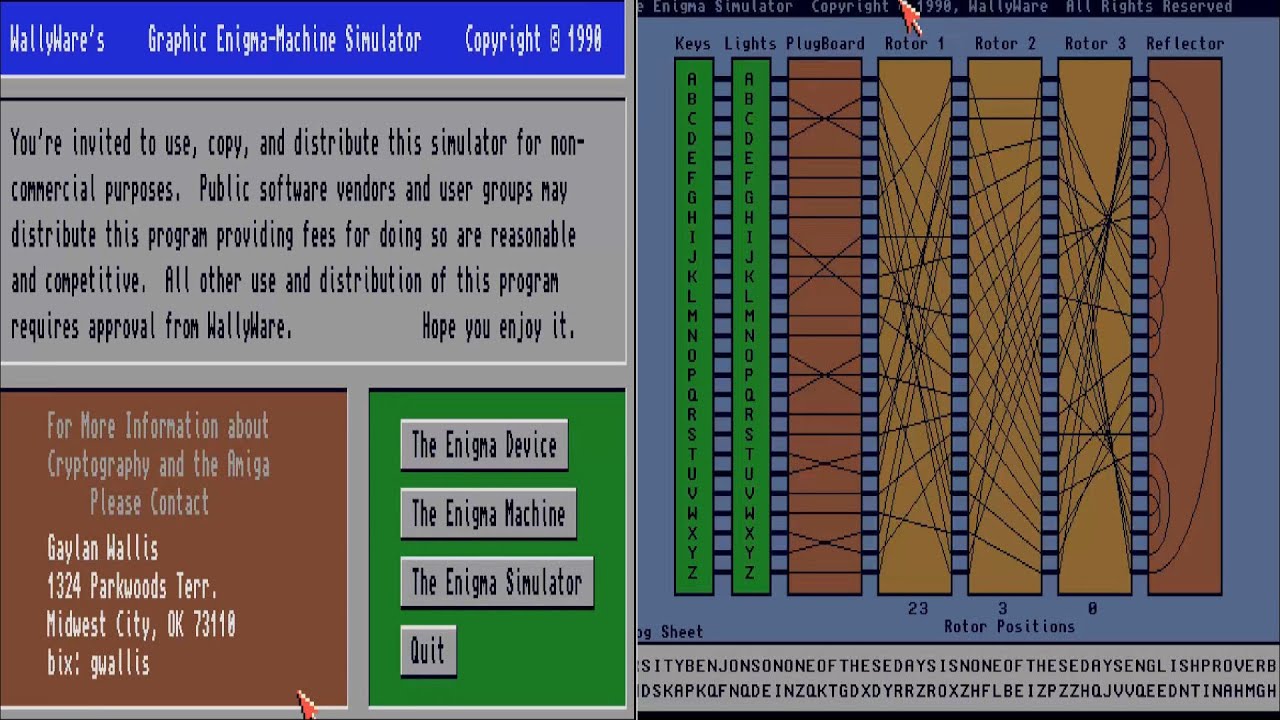 AMIGA ENIGMA SIMULATOR MACHINE DEVICE ~ Enigmas Gaylan Wallis Wallyware Fred Fish 04 08 1990 Cryptog
