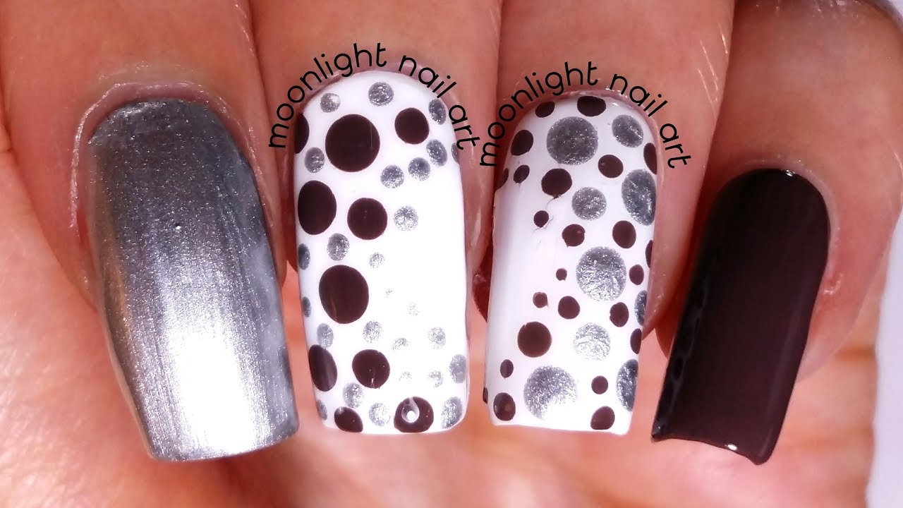 Easy Dotting Tool Nail Design: Brown and Grey Dots on White – by Moonlight Nail Art