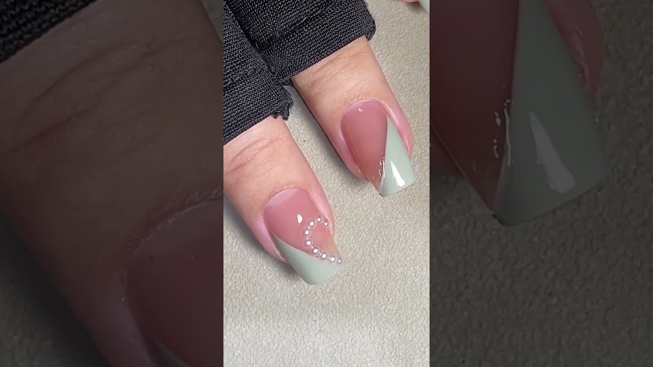 PALE GREEN Diagonal French Manicure with Hearts! Nails VAGA Tutorial