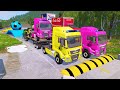 Double flatbed trailer truck vs speedbumps train vs cars  tractor vs train beamngdrive 015