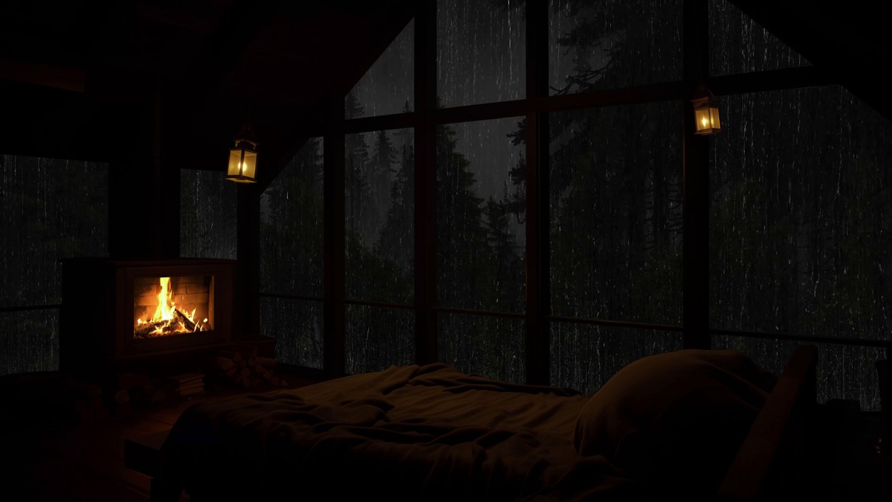 Camino acceso e pioggia notturna in attico accogliente per un riposo tranquillo