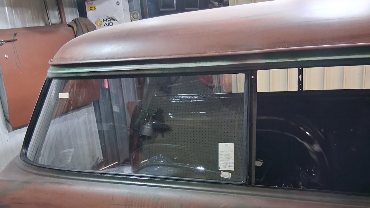 1955 Chevrolet 150 station wagon rear quarter glass install 