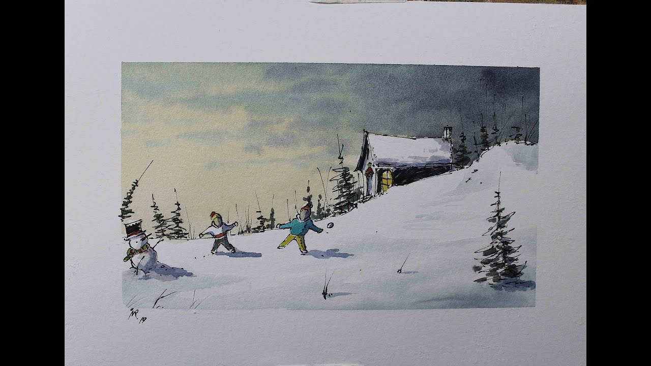 Winter scene in Line and wash watercolor,Crooked lines Full Real Time ...