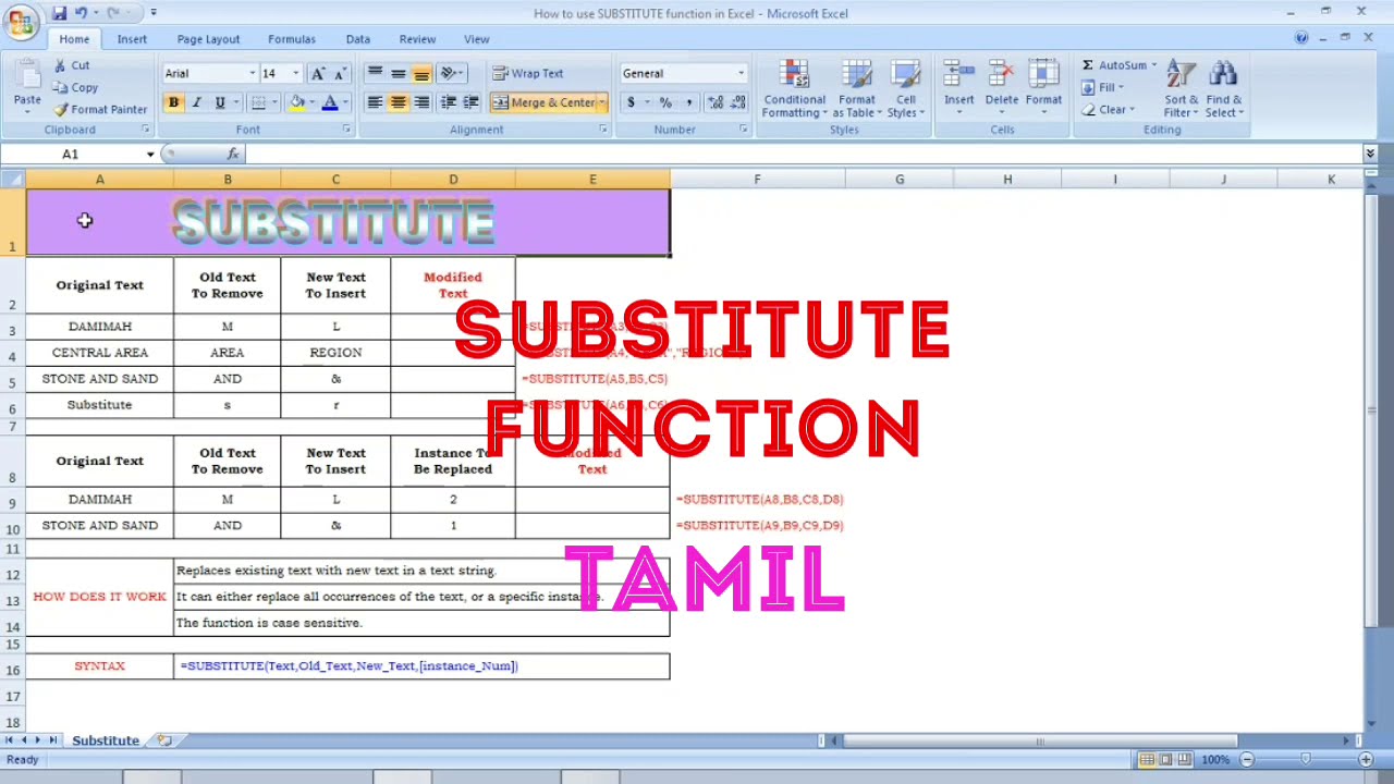 How to use SUBSTITUTE function in Excel | Tamil - YouTube