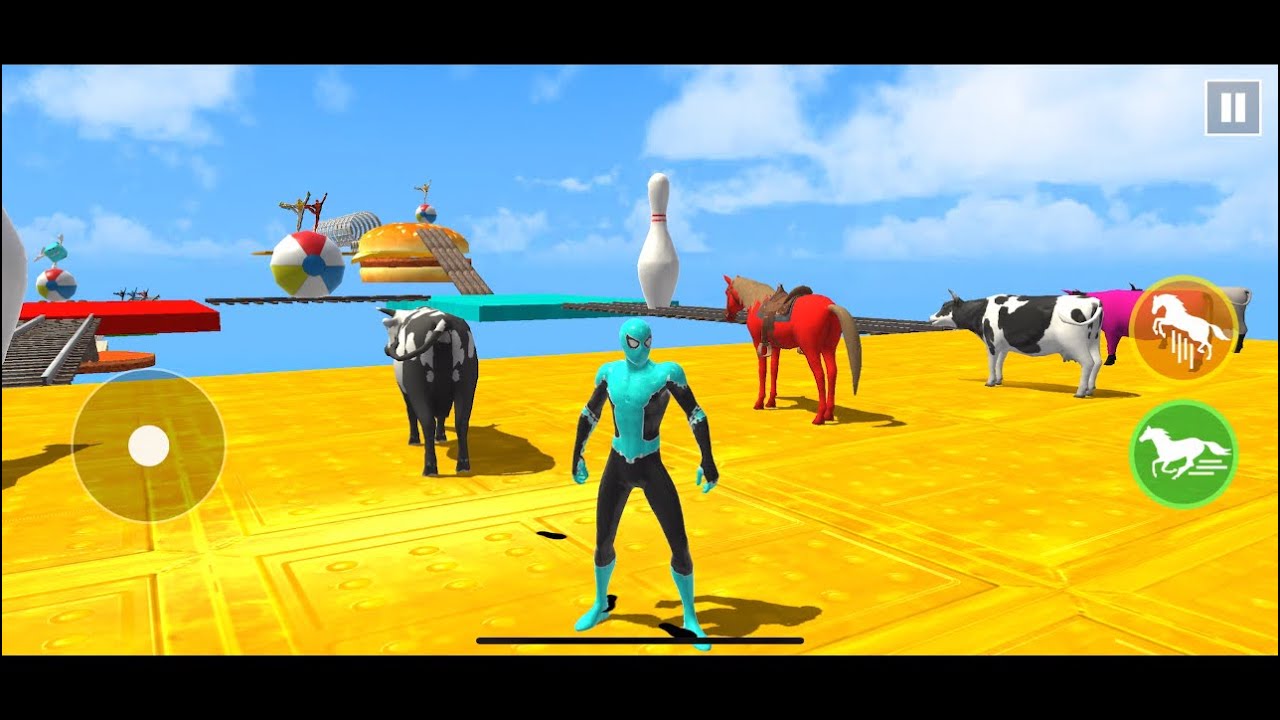 Long Sliding Game with Blue Spiderman Red Horse Cow Pink Cow Batman Cow and Blue Horse 