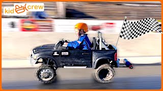 Racing kids power wheels truck, tractor, and ride on race cars. Educational drag racing | Kid Crew