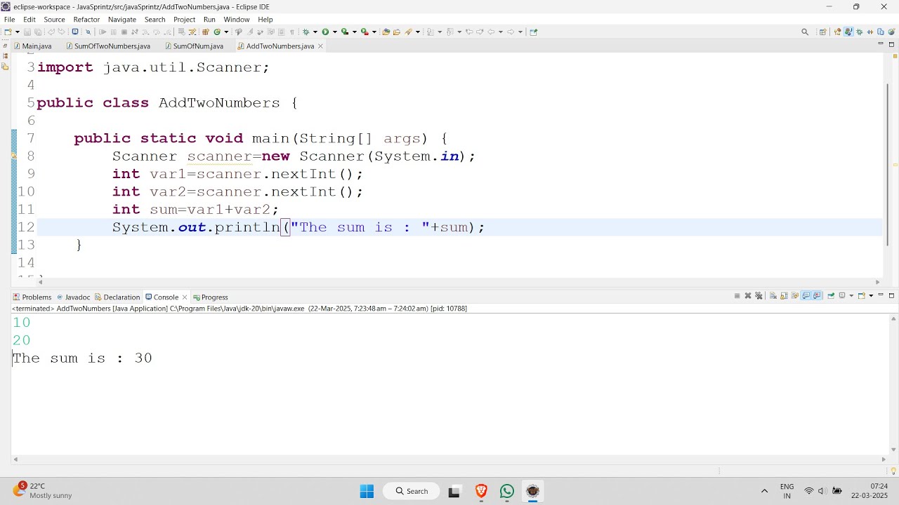 Addition of two numbers in java (With and without) user inputs #java # ...