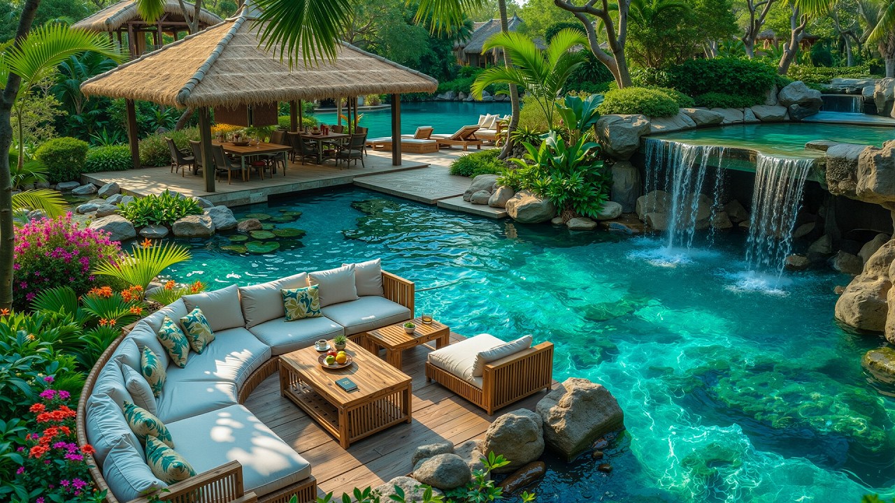 Refreshing Resort Outdoor Coffee Jazz with a Forest Waterfall View 🌿 Smooth Jazz for Calm Moments