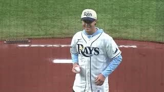 Grady Emerson throws out first pitch at Saturday's Rays/Guardians game