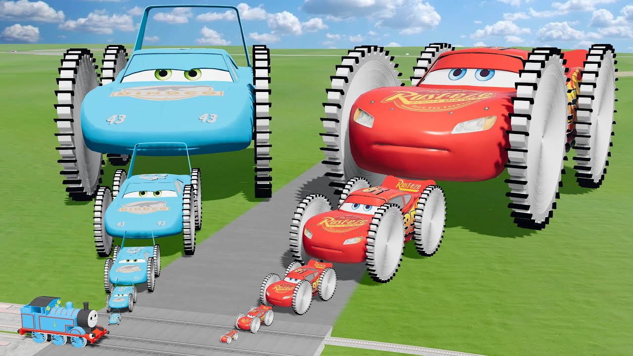 Big & Small McQueen with Saw Wheels VS Big & Small King Dinoco with Saw Wheels VS Train | BeamNG
