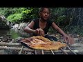 Yummy cook fish & egg fish spicy for food of survival in the forest