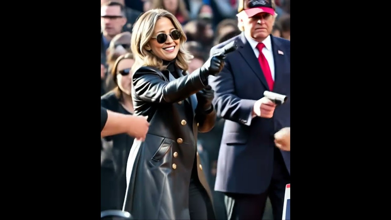 Babe in leather coat and gloves firing a gun