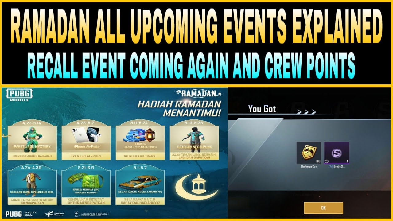 RAMADAN UPCOMING ALL EVENTS EXPLAINED IN PUBG MOBILE || RECALL EVENT COMING AGAIN & CREW POINTS ||