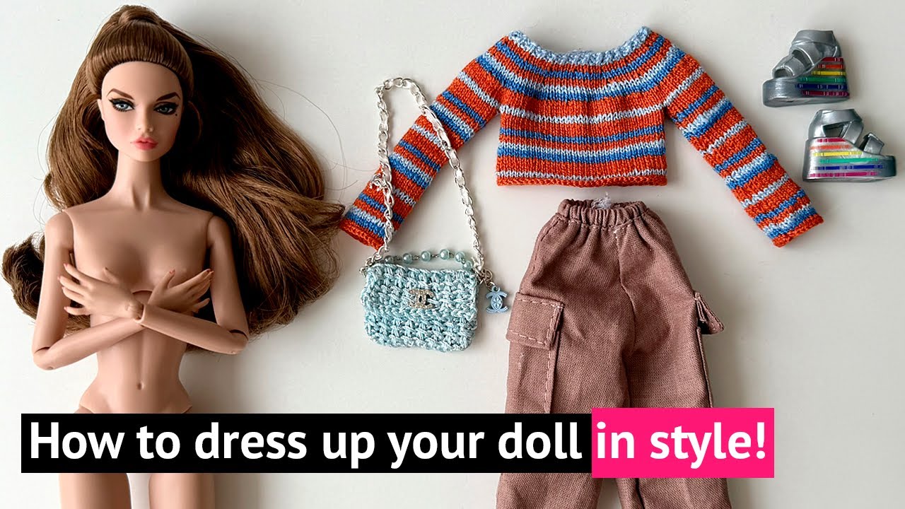 Dressing up fashion doll in striped outfit & accessories