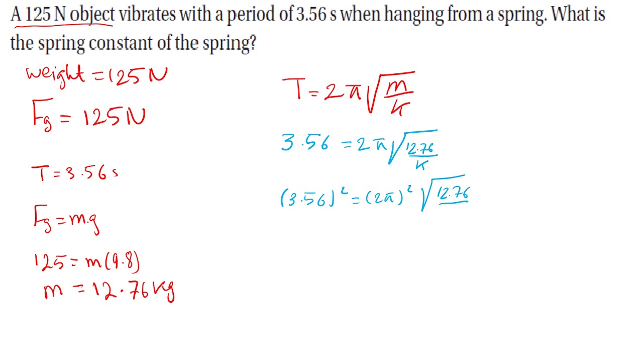 Period of a mass-spring system. A 125 N object vibrates with a period ...
