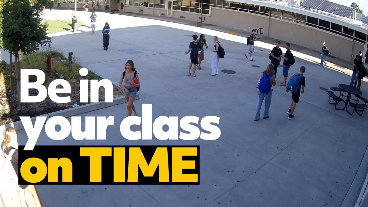 Video preview image of Students walking around campus with text that says be in class on time.; click to visit the ParentSquare post with the video
