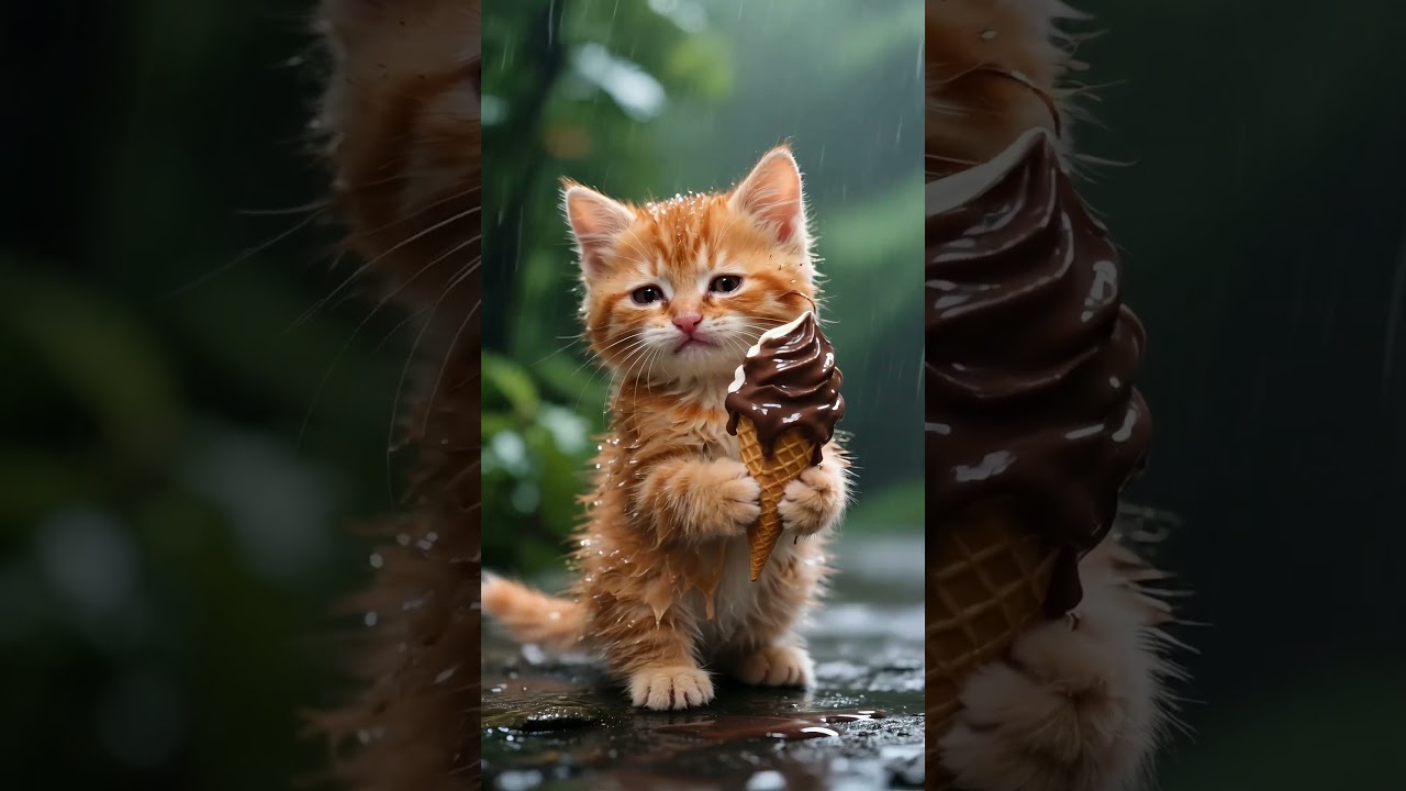 Kitten Cries in the Rain With Melted Ice Cream... 😭⛈️ 