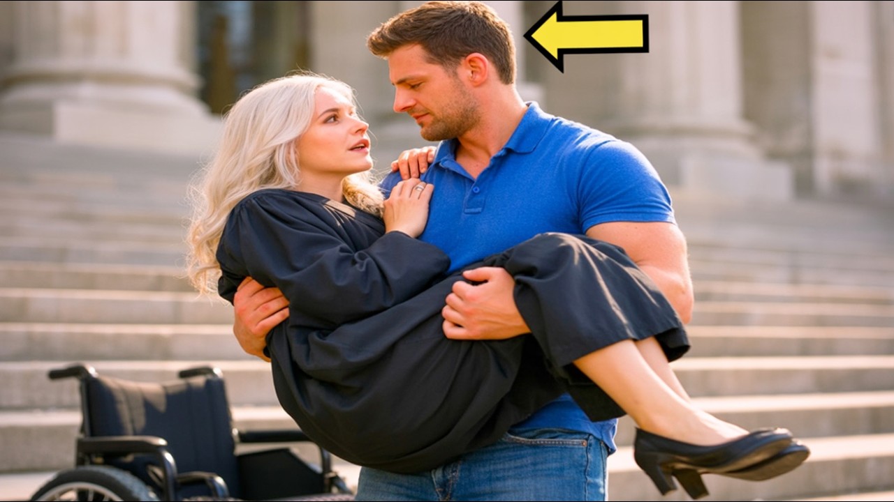 القاضية على الكرسي المتحرك تحاول صعود الدرج ولا تستطيع… حتى يحملها أب أعزب