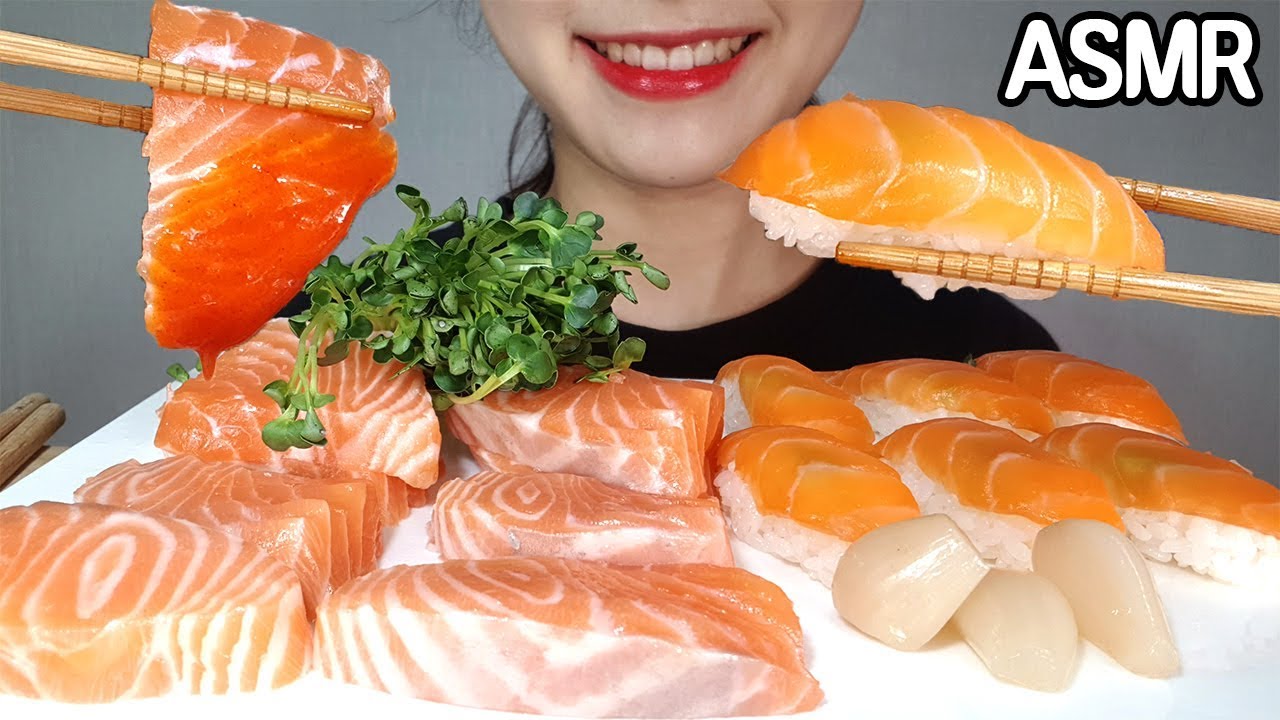 ASMR SALMON PARTY 연어회, 연어초밥 리얼사운드 먹방 노토킹 이팅사운드 리뷰 | *NoTalking MUKPPO