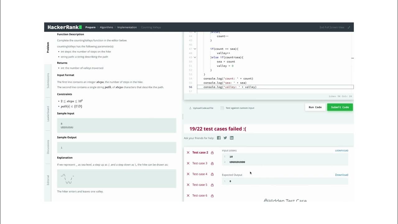 Hackerrank Algorithm Solution - Counting Valleys (Javascript) - YouTube