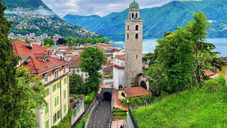 Lugano, Switzerland walking tour 4K  A real fairytale Swiss town  Rain ambience