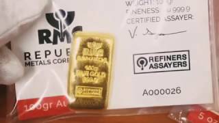 100 gram Republic Metals RMC Gold Bar .9999 Fine Serial # A000001 w/Assay 