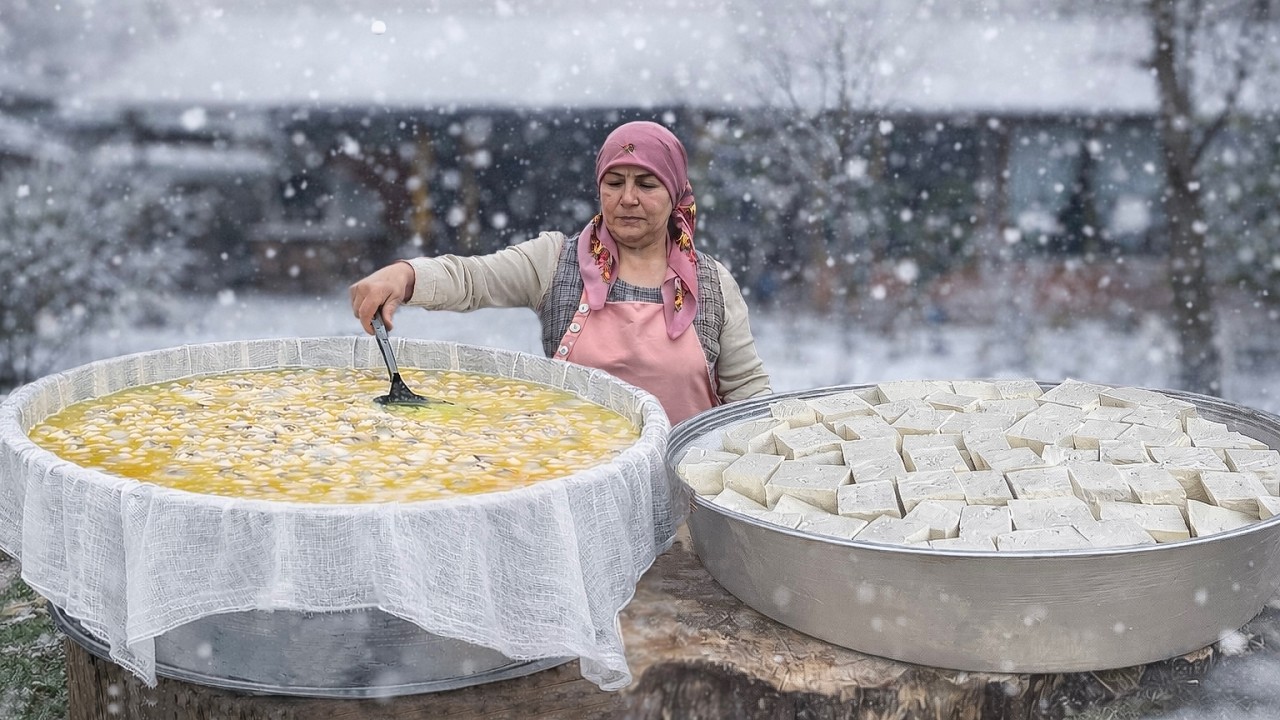 Grandma Turns Fresh Farm Milk into Homemade Cheese in a Snowy Village