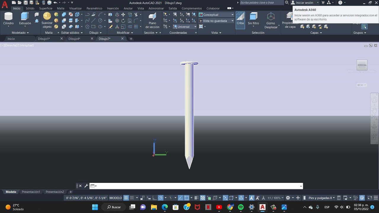 Como hacer un -Clavo en AutoCAD de 5 pulgadas ( in ) - YouTube