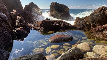 Beautiful Waves Crashing into a Rocky Canyon - Reflective Tidal Pool, Blue Skies, Big Sur, CA