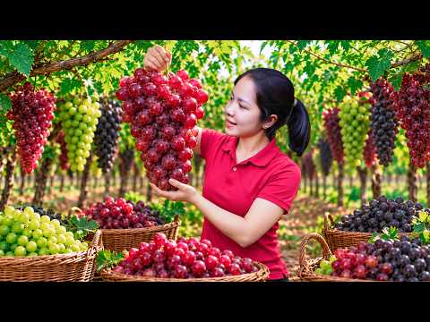 Harvesting a Lot of Giant Red Grapes at the Farm | Fresh Grape Harvest to Sell at Village Market
